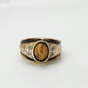 Vtg Mens Ring 14K Gold Plate Tigers Eye Cabochon Stone Cz Accent Hammered Sz 12